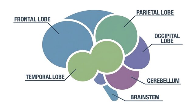 Detailed labeled diagram of human brain lobes and regions with frontal temporal