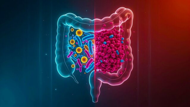 Human intestine anatomy with healthy and unhealthy gut microbiome comparison for digestive health concept