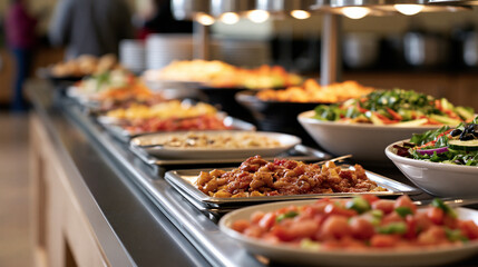 Fototapeta premium A long self-service buffet counter featuring warm dishes and fresh salads in a restaurant. Ideal for catering and.