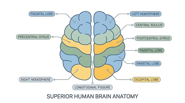 Detailed labeled diagram of the human brain anatomy with cerebral cortex