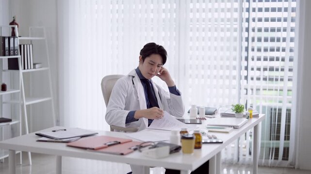 Young Asian male doctor reviewing medical documents at bright modern clinic office with copy space