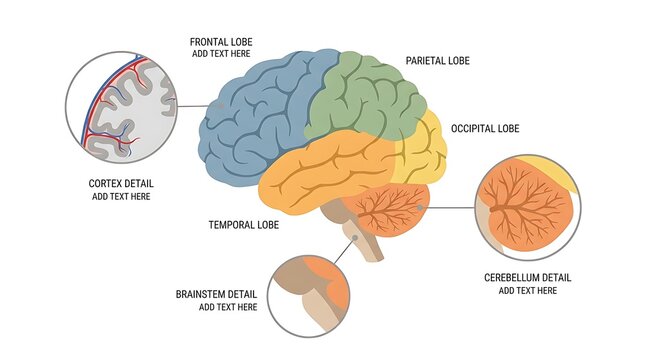 Detailed labeled diagram of human brain anatomy with cerebral cortex regions