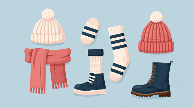 A collection of winter clothing items including knitted hats a scarf warm socks and leather boots displayed against a simple light blue background