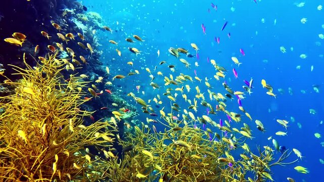 View of a vibrant coral reef teeming with schools of small tropical fish swimming through golden sea plants in the clear blue waters of the Philippines.