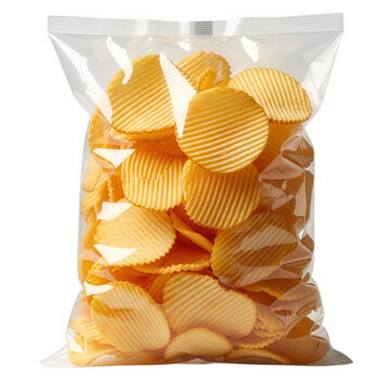 Bag of crispy potato chips in plastic packaging