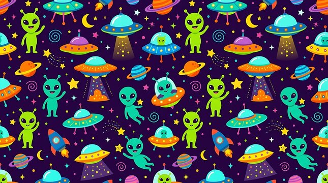 Cute seamless pattern with aliens spaceships and planets in space