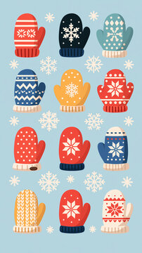 A collection of colorful winter mittens with various patterns and snowflakes arranged on a light blue background for a festive seasonal design