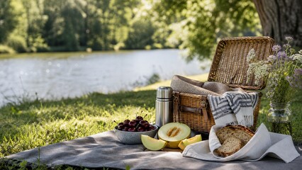 Fototapeta premium Lakeside Picnic Still Life With Basket And Melon
