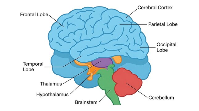 Detailed labeled diagram of human brain lobes with frontal occipital parietal