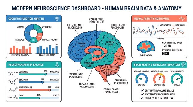 Modern neuroscience educational poster showing brain data and anatomy