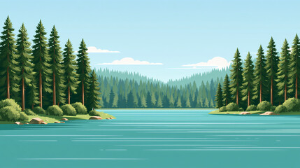 A peaceful landscape shows a calm lake surrounded by a dense forest of evergreen pine trees under a bright blue sky on a sunny summer day © onepanda