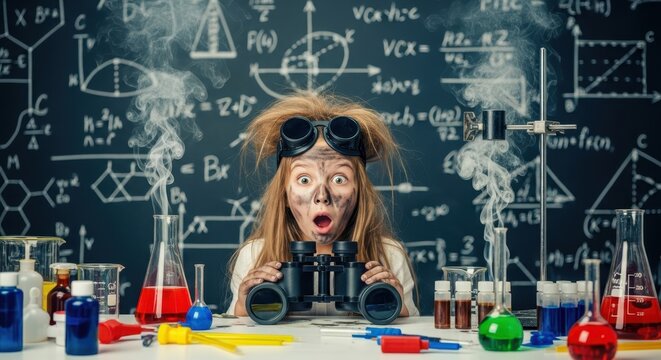 Young Girl Scientist with Messy Hair and Soot Face After Failed Chemistry Experiment in Classroom Lab