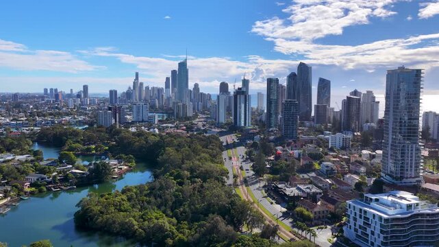 Aerial View of Surfers Paradise Skyline and Nerang River
