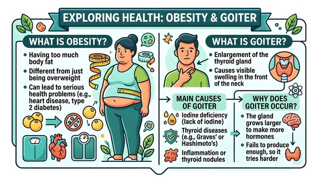 Exploring obesity and goiter health infographic explaining excess body weight, thyroid enlargement, main causes, symptoms, risk factors, hormone imbalance, metabolism changes, and simple patient educa