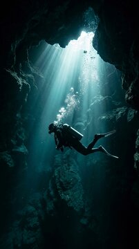 Scuba diver exploring underwater cave with sun rays in deep blue water, adventure and discovery concept