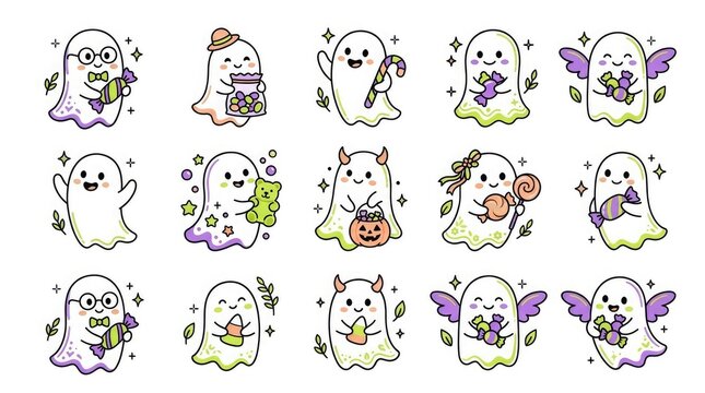 Set of cute hand drawn ghost characters for halloween celebration featuring various activities and accessories in a fun doodle art style