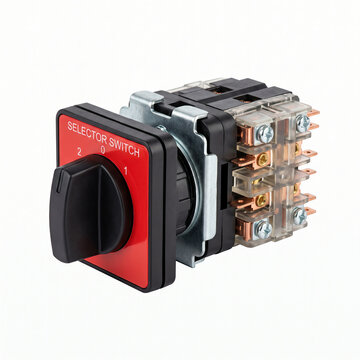 Rotary selector switch with three positions and a black knob, attached to electrical contacts. 