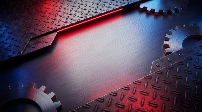 Abstract Cinematic Metal Grating Background with Dynamic Red and Blue Neon Lighting Effects