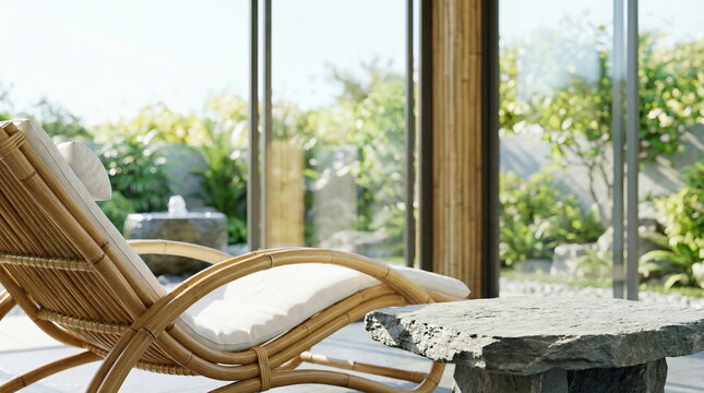Rattan chaise lounge with cushion next to stone table overlooking peaceful garden with water feature for luxury spa or resort relaxation.