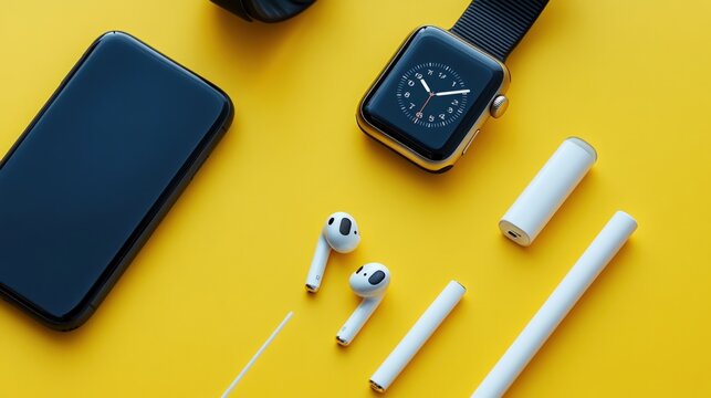 Modern electronic gadgets including smartphone smartwatch and wireless earbuds arranged neatly on a vibrant yellow background captured from an overhead perspective showing clean minimalist tech design