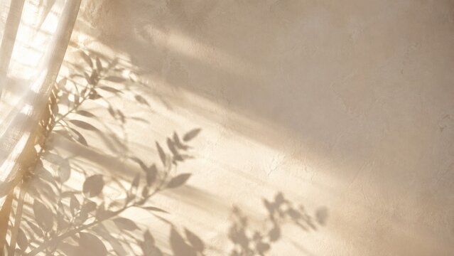 Sunlight and Shadow Play: Delicate plant leaves cast intricate shadows on a textured wall, illuminated by soft, warm sunlight filtering through a sheer curtain, creating a serene and natural ambiance.