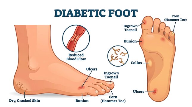 Diabetic foot condition medical illustration showing ulceration and nerve damage