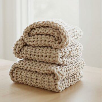A folded stack of chunky knitted wool blankets