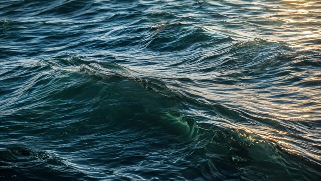 Ocean Waves: Gentle ocean waves ripple across the deep blue sea, catching the warm light of the sun, creating a serene and calming atmosphere.
