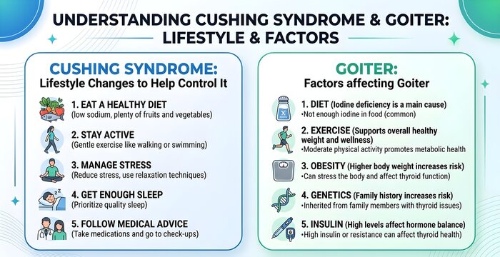 Understanding Cushing syndrome and goiter lifestyle infographic explaining diet, activity, stress management, sleep, smoking avoidance, thyroid care, insulin, genetics, and key endocrine health contro