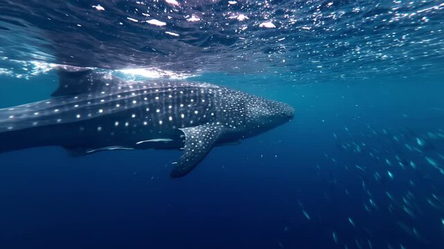 View of a whale shark swimming underwater surrounded by a large school of fish in the clear blue ocean near the Philippines.