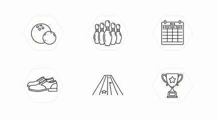 Fototapeta premium Bowling Icons Set: Ball Pins Shoes Lane Trophy Calendar - Sports Icons