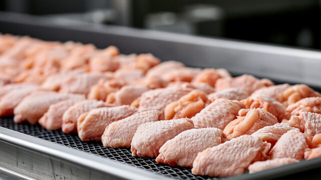 Raw chicken wings on a conveyor belt in a processing plant. Food production concept.