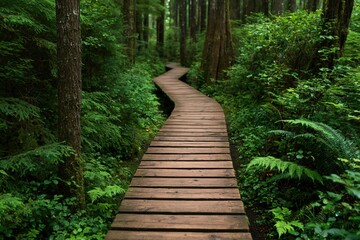 Fototapeta premium Boardwalk path through a lush green forest with ancient trees and wild ferns