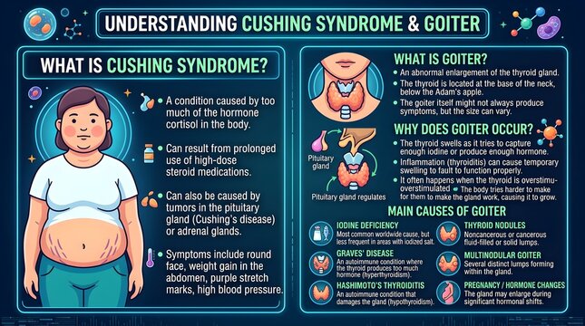  Understanding Cushing syndrome and goiter infographic showing what each condition is, why it happens, symptoms, thyroid swelling, cortisol excess, and endocrine health facts in simple guide format