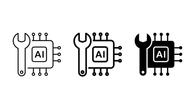 Artificial intelligence chip repair and maintenance service icon set featuring wrench tool symbol for digital processor tech hardware support.