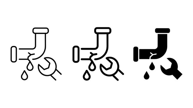 Broken pipe with leaking water and wrench repair tool vector icon set, isolated on transparent background, outline, glyph and line style.