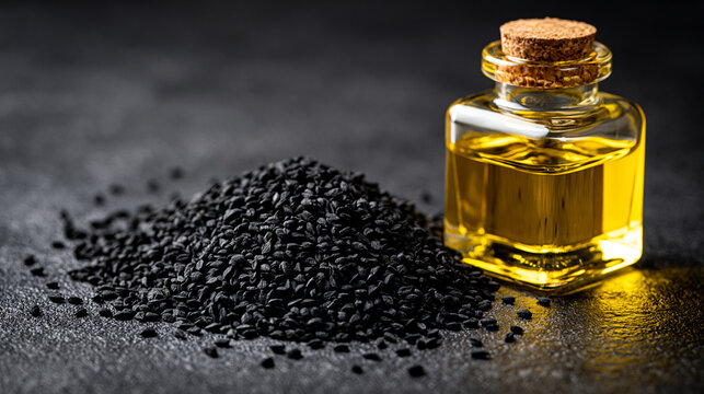 Black cumin seeds and herbal oil in a glass bottle on dark background. Healthy organic product concept for wellness ads.