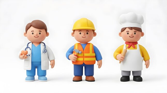 Cute 3D Rendered Professional Characters Including Doctor Construction Worker and Chef