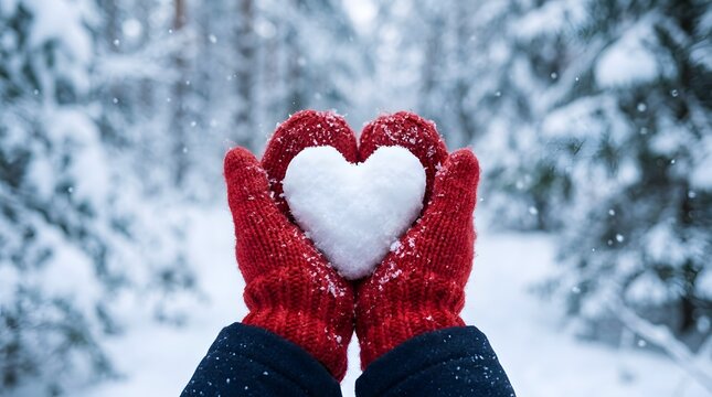 Person wearing red knitted mittens holding a heart shaped snowball in a snowy winter forest landscape