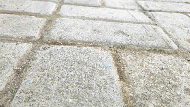 Angle view of outdoor grey interlocking concrete paving stones on the sidewalk, showcasing durable material texture and urban flooring.