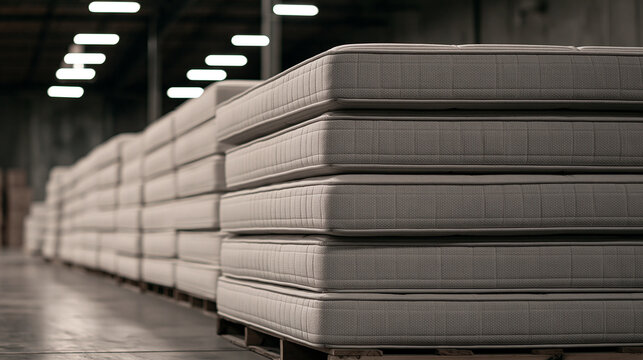 Stacked mattresses in a large storage warehouse. Perfect for inventory and supply chain concepts.