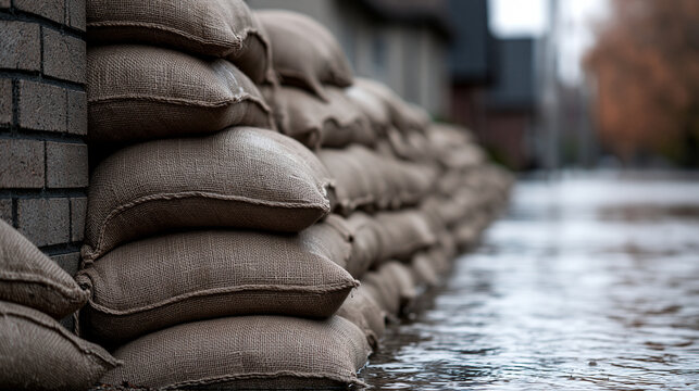 Sandbags stacked against a brick wall to prevent flooding. Emergency flood barrier concept.