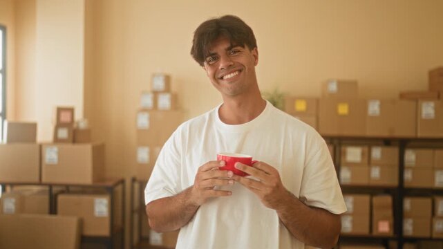 Man holding red mug with bare hands amid stacked parcels and boxes in a storage building; entrepreneur contentment.