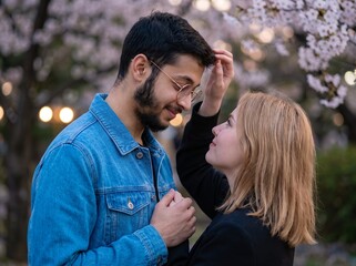 Fototapeta premium Young couple embracing under blooming cherry blossom trees at night