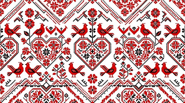 Traditional slavic folk embroidery pattern with red birds and hearts