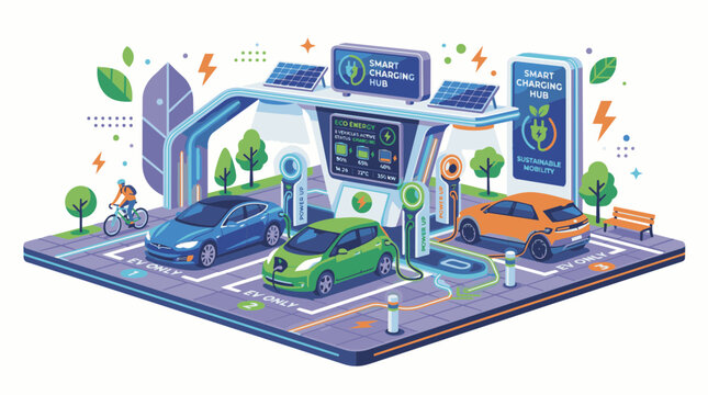 Modern sustainable electric vehicle charging station hub featuring eco-friendly renewable energy integration for urban green smart transportation infrastructure