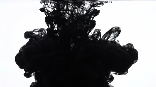 Black ink drop dispersing in clear water. Abstract liquid cloud motion, dark pigment swirls, fluid dynamic shapes, artistic chemical reaction, macro splash effect.