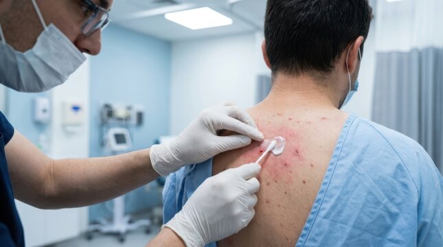 Doctor cleans infected wound on man's back with cotton swab, medical examination and treatment.
