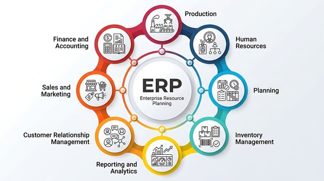 ERP business process diagram with icons for finance, HR, and planning