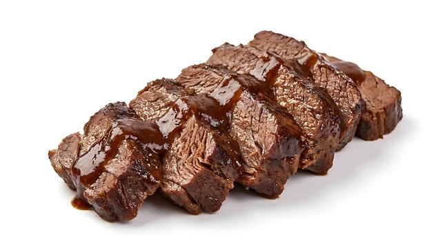 Freshly sliced raw beef steak pieces arranged in a row on a kitchen table. braised brisket